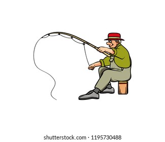 Old Man Fishing on the River Symbol Cartoon Logo Vector