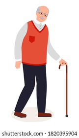 Old man flat vector illustration. An elderly man with glasses and walking cane isolated on white background. Grandfather with a mustache in a red sweater and trousers walks with a walking stick