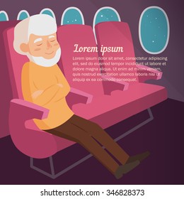 Old man flying on a plane. Vector isolated illustration. Cartoon character.