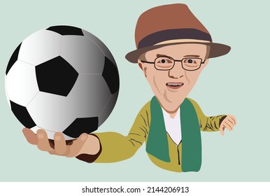 old man football supporter pose with hand hold the ball illustration in caricature cartoon style 