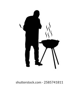 An old man is frying meat by the roadside, and someone is standing in front vector .