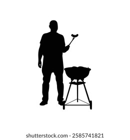 An old man is frying meat by the roadside, and someone is standing in front vector .