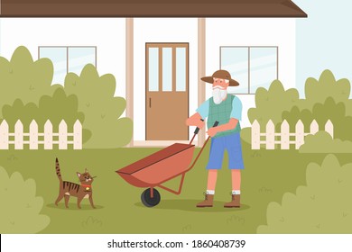 Old Man Gardener Works In Garden Vector Illustration. Cartoon Elderly Bearded Farmer Character Working With Wheelbarrow In House Yard, Seasonal Summer Agricultural Work With Gardening Tools Background