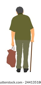Old man gentleman with stick walking vector illustration isolated on white. Elder senior shopping. Mature old people active life. Grandfather with crutches. Health care nursing home. Grandpa in park.