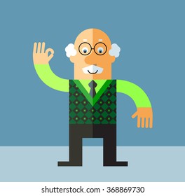 Old Man gesturing okay. Flat style vector illustration on gray background.
