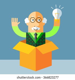 Old Man get the idea holding bulb thinking outside the box. Flat style vector illustration on gray background.