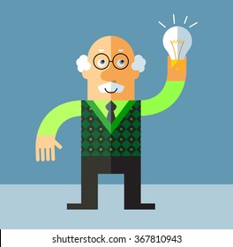 Old Man get the idea holding bulb. Flat style vector illustration on gray background.