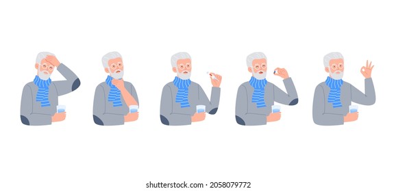 An old man gets sick and eats a pill for health. Vector flat illustrations isolated on white background.