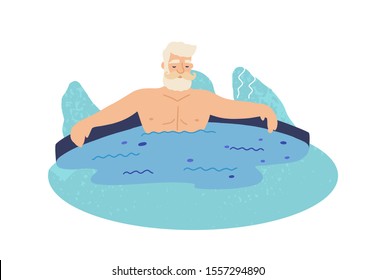 Old man in geyser flat vector illustration. Grandfather lying in water. Elderly tourist cartoon character. Wellness procedure, healthy rest, relax. Hot spring isolated on white background.