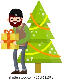 Old man with gift box in hands. Senior and Christmas tree. New year celebration. Green tree and garlands. Happy Grandpa congratulates. Cartoon flat illustration