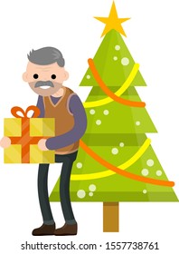 Old man with gift box in hands New year celebration. Green tree and garlands. Happy Grandpa congratulates. Cartoon flat illustration. Senior and Christmas tree.