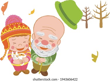 An old man and a girl are blowing in the wind