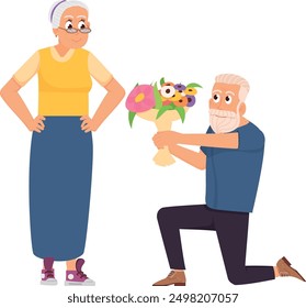 Old man give flower bouquet to senior woman. Romantic elderly couple