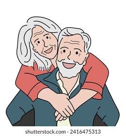 Old man give piggyback ride for his wife. Elderly couple romantic relationship concept. Hand drawn vector illustration