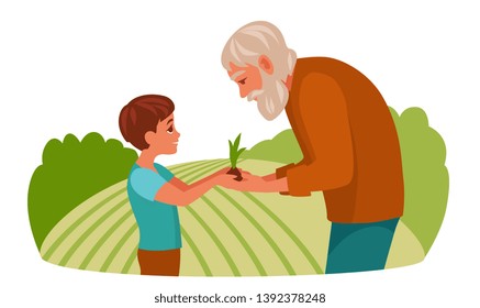 old man gives the boy a bulb of a plant as a symbol of their family business, transfers experience, love to the earth and their work. succession of generations