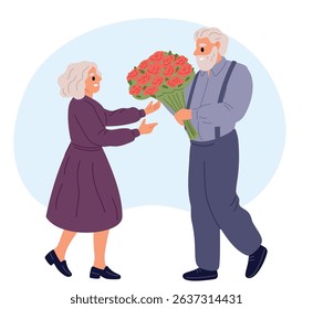 Old man gives elderly woman big bouquet of red flowers. Senior couple date. Floral present. Retired boyfriend gifting roses to girlfriend. Romantic relationship. Valentine day surprise. Vector concept