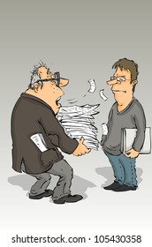 Old man gives a young man a pile with records