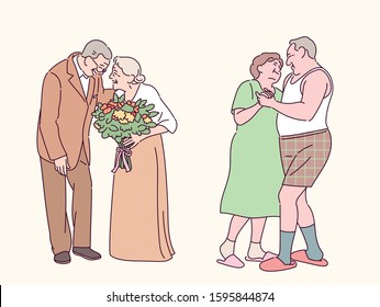 An old man is giving flowers to an old woman. An elderly couple is dancing romantically in comfortable attire. hand drawn style vector design illustrations. 