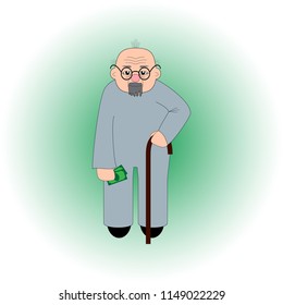 old man with glasses and a beard stands with a cane in one hand and money in the other hand.
