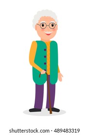 Old man with glasses and cane in flat style. Grandpa character with walking stick.