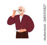 Old man with glasses drink cup of coffee, teacup of herbal tea. Senior person holds porcelain mug and saucer, quenches thirst with hot beverage. Flat isolated vector illustration on white background