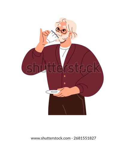 Old man with glasses drink cup of coffee, teacup of herbal tea. Senior person holds porcelain mug and saucer, quenches thirst with hot beverage. Flat isolated vector illustration on white background
