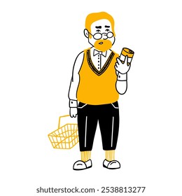 Old man in glasses with empty shopping basket. Elderly senior purchase in supermarket. Grandfather in shop looking on tin of canned food. Cartoon hand drawn vector illustration isolated