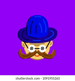 Old man with glasses, hat and mustache. Flat vecor illustration.