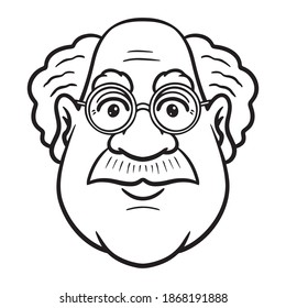 old man with glasses in his gray hair.  Head, comic, avatar, mustache.  monochrome, outline.