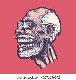 The old man with glasses laughs unkindly. A noisy, disagreeable old troll. Vector illustration