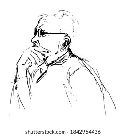 Old man in glasses. Male portrait in profile, Hand drawn linear doodle sketch. Black and white silhouette. Aged person.
