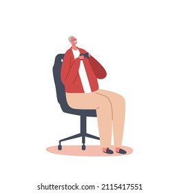 Old Man in Glasses Playing Video Games. Senior with Gamepad Play on Console. Retired Elderly Male Character Modern Lifestyle, Grandfather Gamer Virtual Reality. Cartoon People Vector Illustration