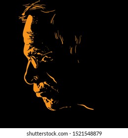 Old Man With Glasses Portrait Silhouette In Contrast Backlight. Vector. Illustration.