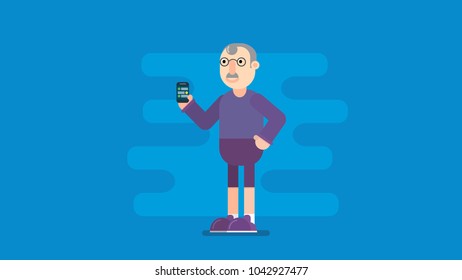 Old man with glasses showing a smartphone. Flat vector illustration. Separated layers for animation.