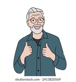 Viejo con gafas mostrando pulgares hacia arriba o como signos. Ilustración vectorial dibujada por mano