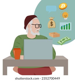 An old man with glasses sits on a computer in front of him. He was thinking about investing, about money, about online shopping.