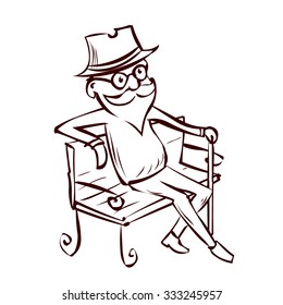 The old man in glasses sits on a bench in the park. Hand drawn cartoon vector illustration.