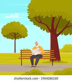 Old man with glasses sitting and reading newspaper on bench in park. Retiree elderly male character spends time in nursing home. Grandfather resting, reading news enjoying good day in city garden