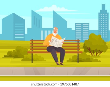 Old man with glasses sitting and reading newspaper on bench in park. Retiree elderly male character spends time in nursing home. Grandfather resting, reading news enjoying good day in city garden