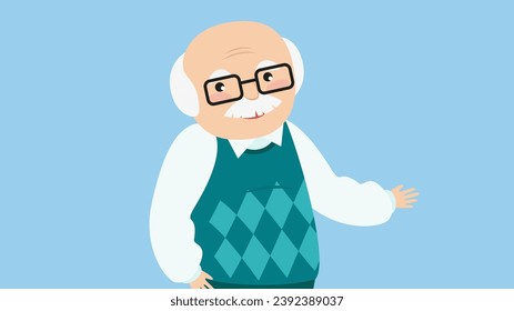 Old man with glasses. Vector illustration in flat cartoon style. Isolated on blue background.