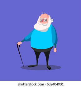 Old man with glasses and walking cane. Vector character on blue background