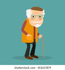 Old man and glasses   walkins cane  Vector character blue background 