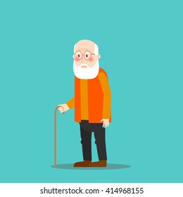Old man with glasses and walkins cane. Vector character on blue background.