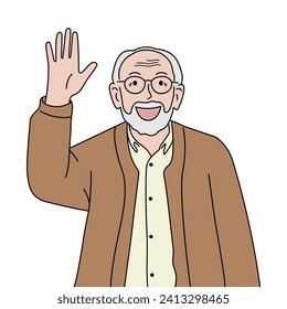 Old man with glasses waving hand. Greeting gesture, saying hello, hi, or bye. Hand drawn vector illustration