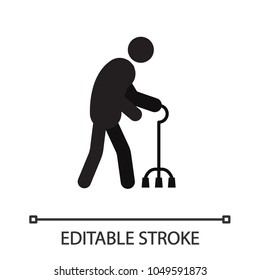 Old man going with quad cane silhouette icon. Grandfather with four legged walking stick. Isolated vector illustration. Editable stroke