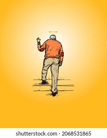 An old man with a golden halo walking up a stairs while waving goodbye for the concept of final farewell. Hand drawn vector illustration.