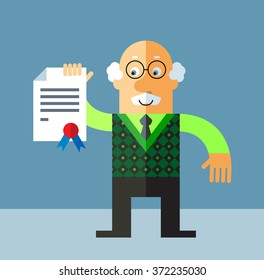 Old Man  with graduation diploma. Flat style vector illustration on gray background.