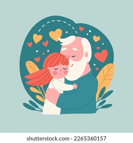 Old man, grandfather, hugs a girl, his granddaughter. Best grandpa ever card concept. Vector flat hand drawn illustration with floral background.