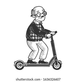 Old man grandfather rides on electric Kick scooter sketch engraving vector illustration. T-shirt apparel print design. Scratch board imitation. Black and white hand drawn image.