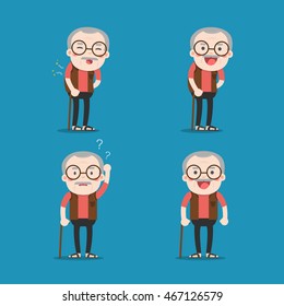 Old Man. Grandpa In 4 Different Poses. Vector Isolated Illustration. Cartoon Character.